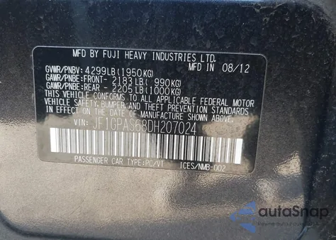 2013 Subaru Impreza 2.0I Sport Limited z USA, uszkodzony, nr VIN JF1GPAS68DH207024